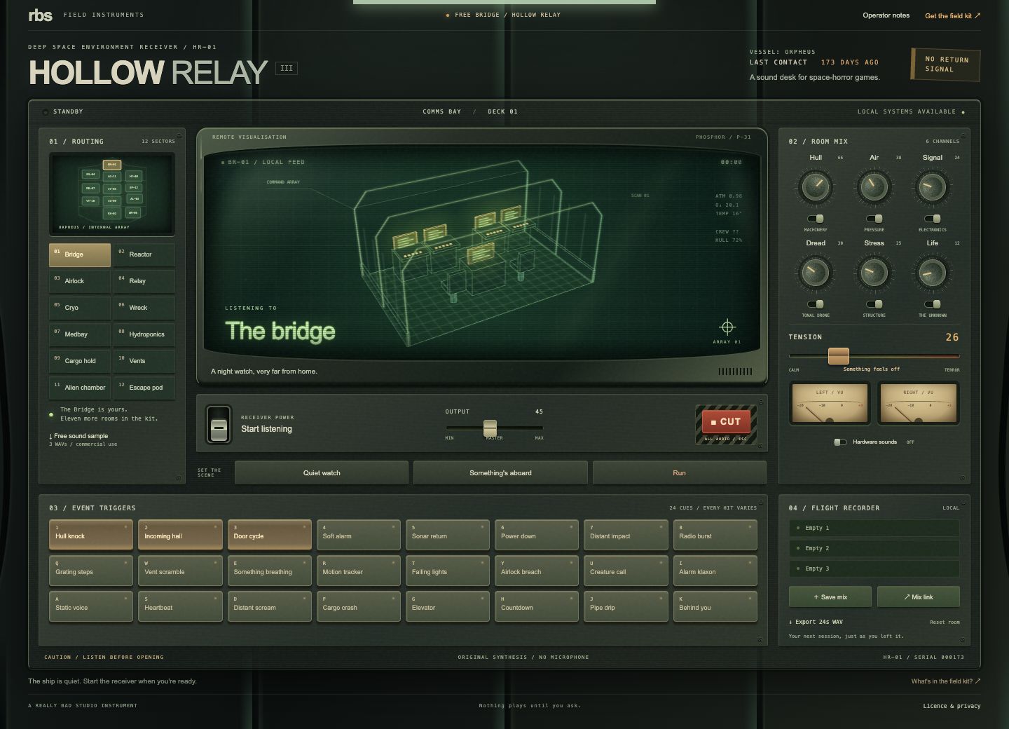 Hollow Relay's green sound desk, with six knobs and a wireframe ship monitor