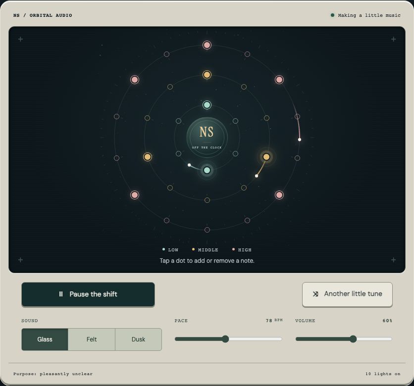 Night Shift playing, with lights on three circular tracks and controls for sound, pace and volume