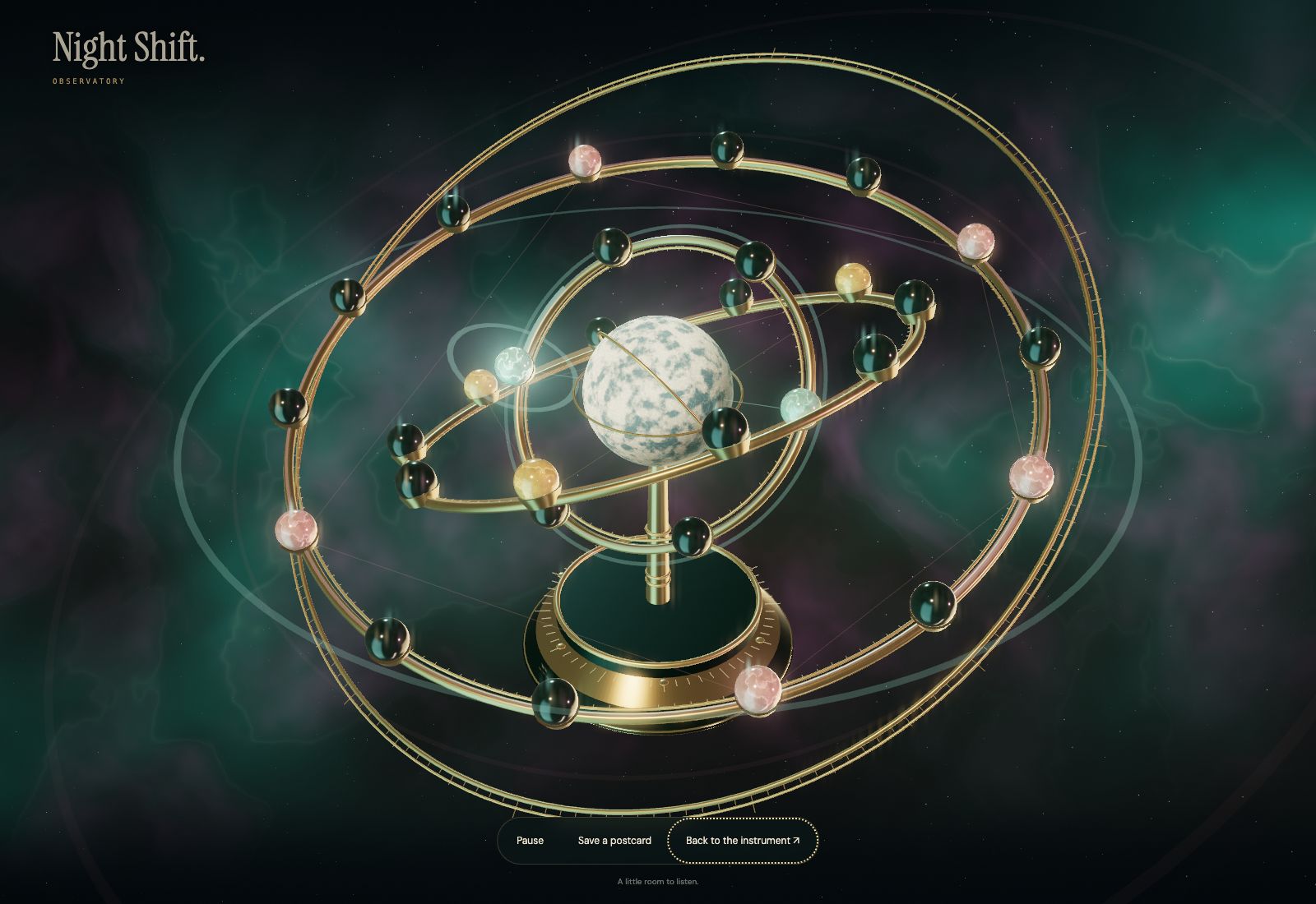 Night Shift in Observatory, with engraved brass rings, a moon and luminous gems against a jade and violet nebula