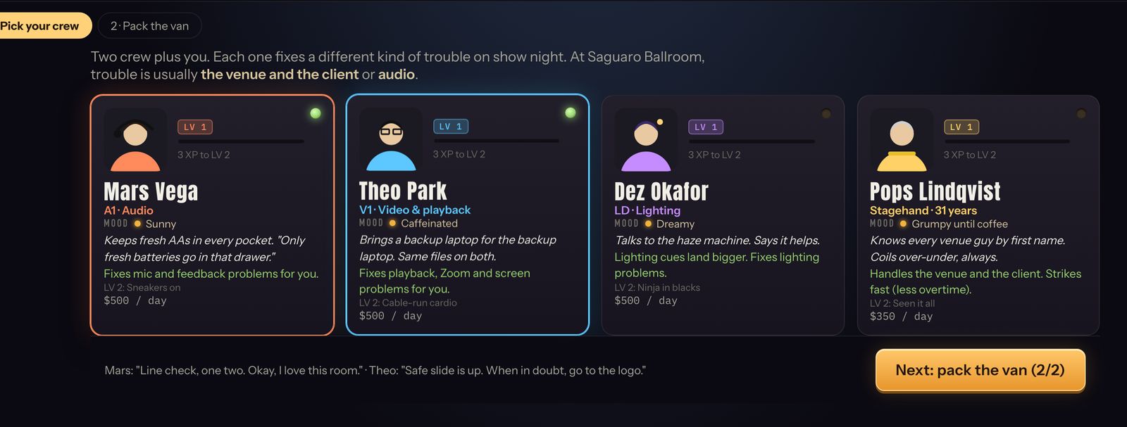 Four crew cards: Mars on audio, Theo on video and playback, Dez on lighting and Pops the stagehand