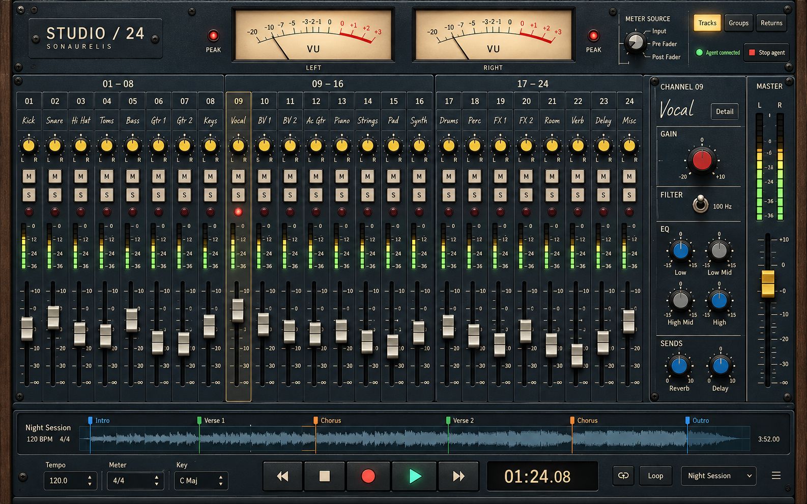 An AI-generated concept image of a dark vintage mixing desk called Studio 24, with two VU meters and 24 channel strips