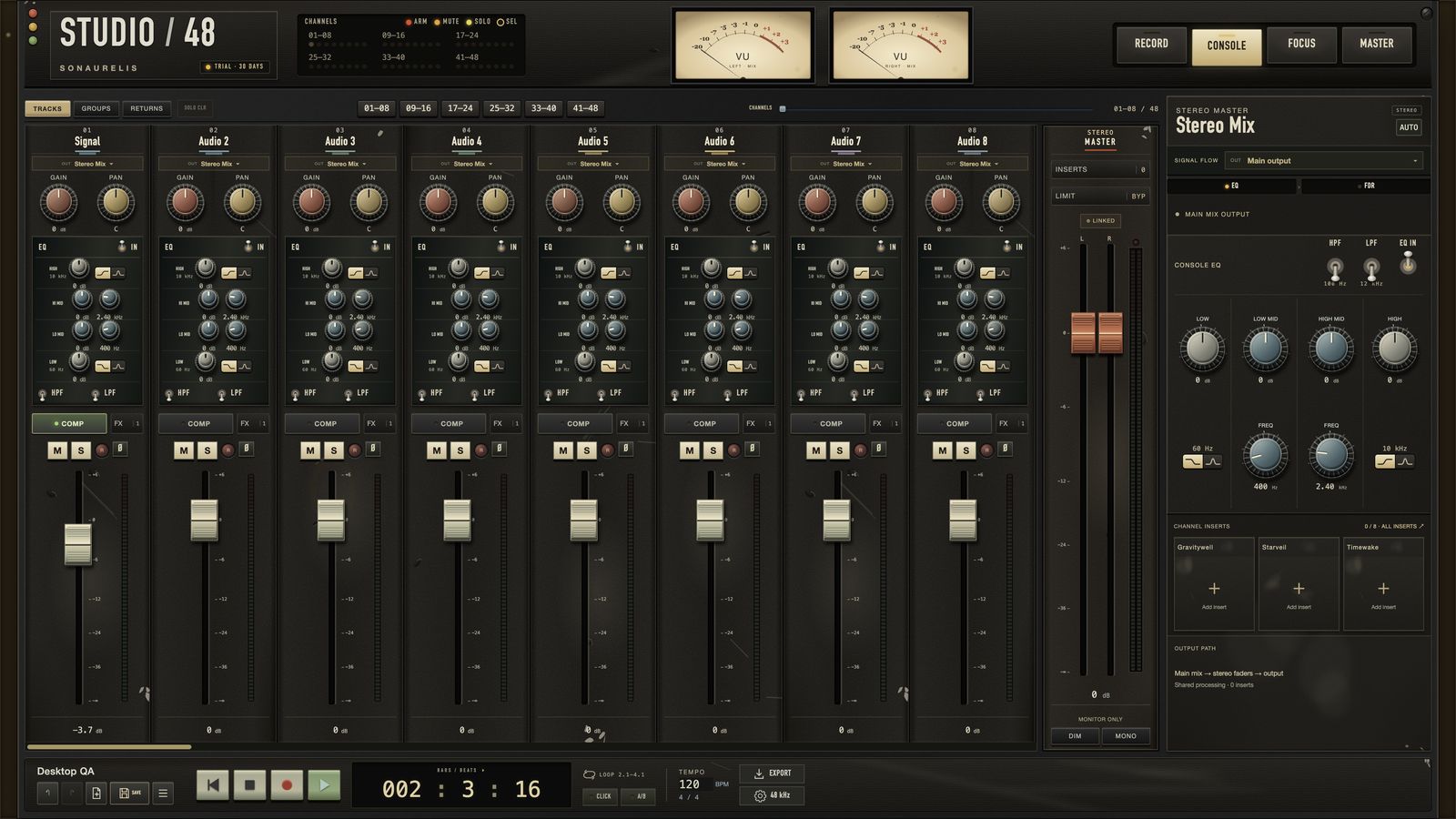The Console view of Studio 48, eight channel strips each with its own four-band EQ, above red and cream knobs and long faders