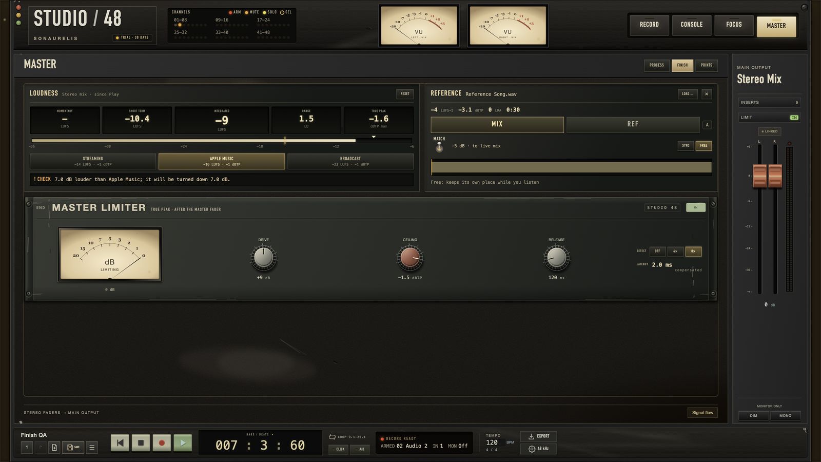 The Master page's Finish tab with loudness readouts, streaming, Apple Music and broadcast targets, a mix and reference switch, and the master limiter
