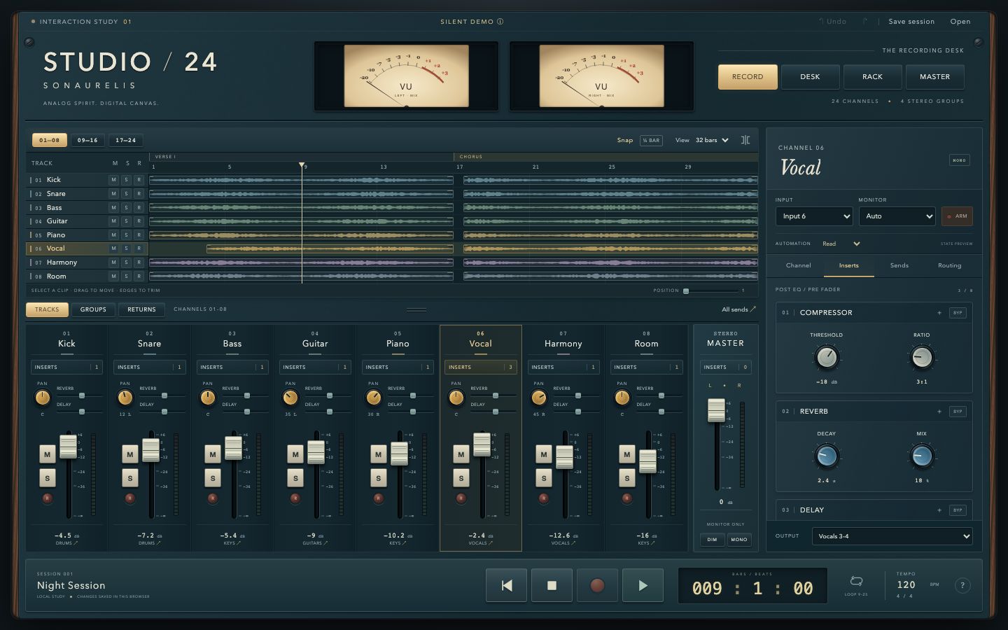 The first browser prototype, labelled Interaction Study 01, Silent Demo, with a timeline, eight channels and a channel inspector