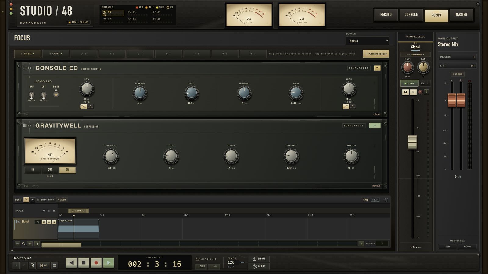 Studio 48's Focus view, showing rack faceplates for the Console EQ and the Gravitywell compressor with a cream gain-reduction meter
