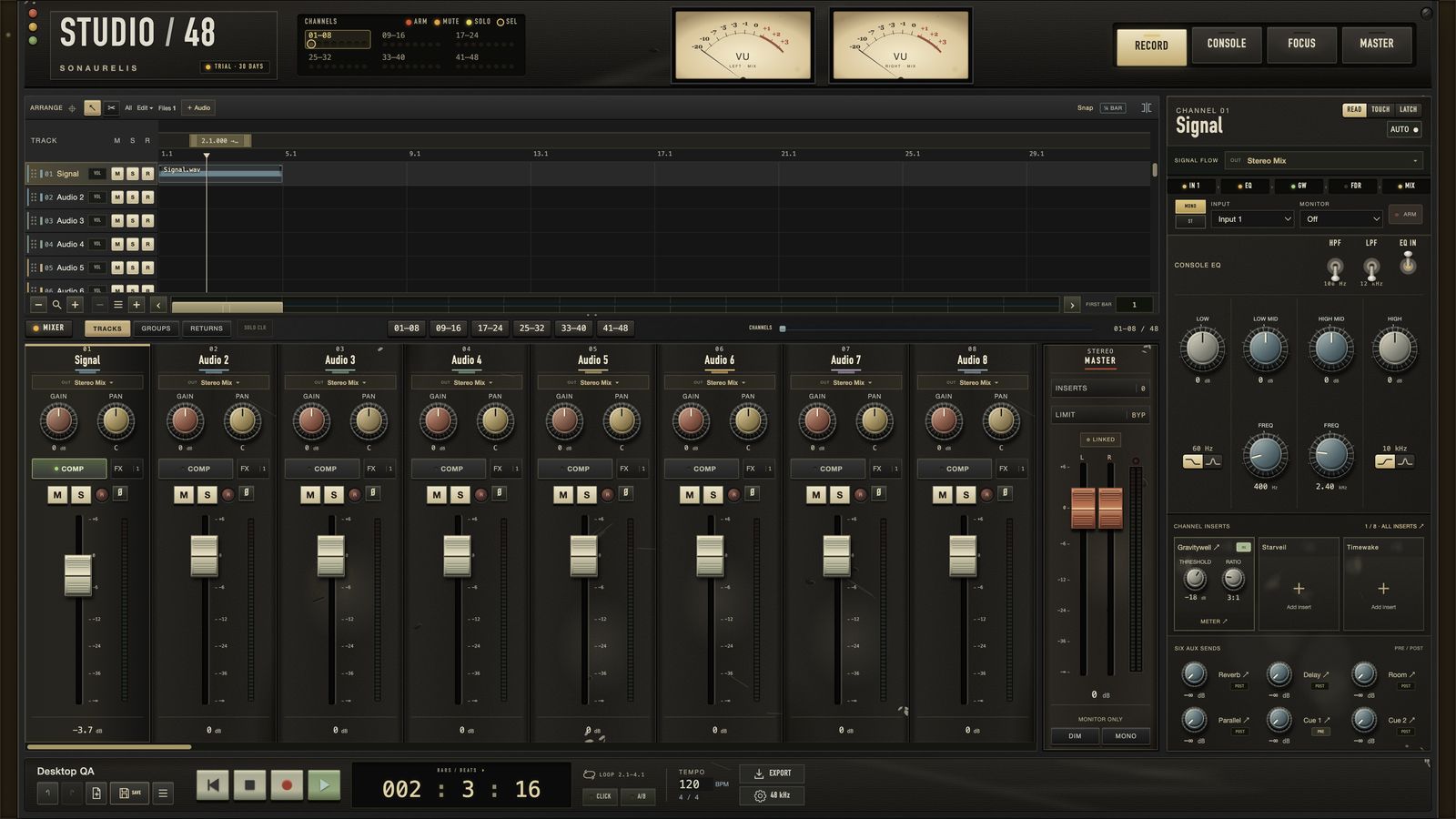 Studio 48's Record workspace, an arrangement timeline above eight channel strips with knobs, faders and cream VU meters