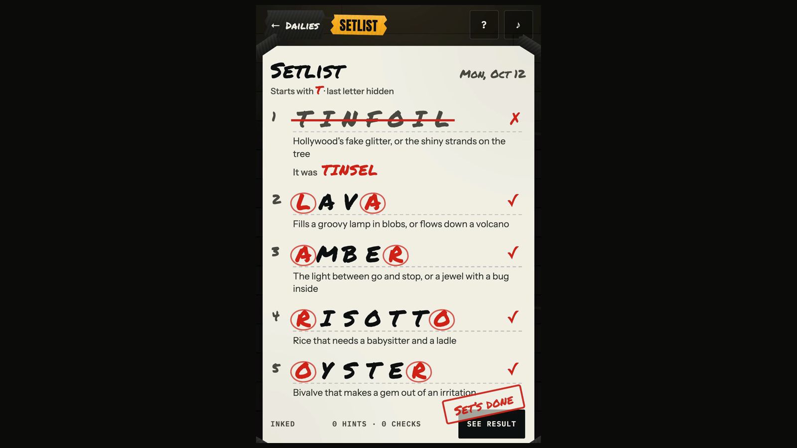 A Setlist sheet after inking, four words checked in red and one struck through with the real word written under it