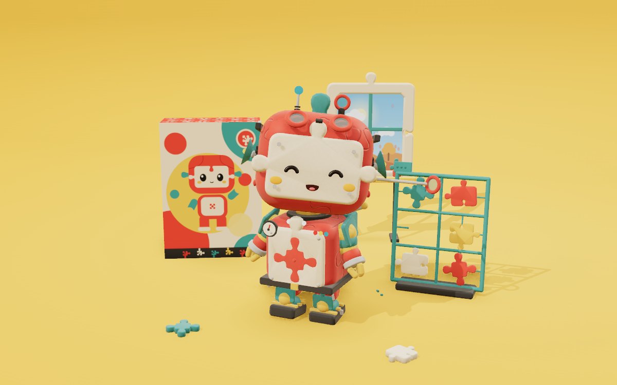 Sprue, a smiling puzzle-piece toy, standing in front of its box and a model-kit frame of spare pieces