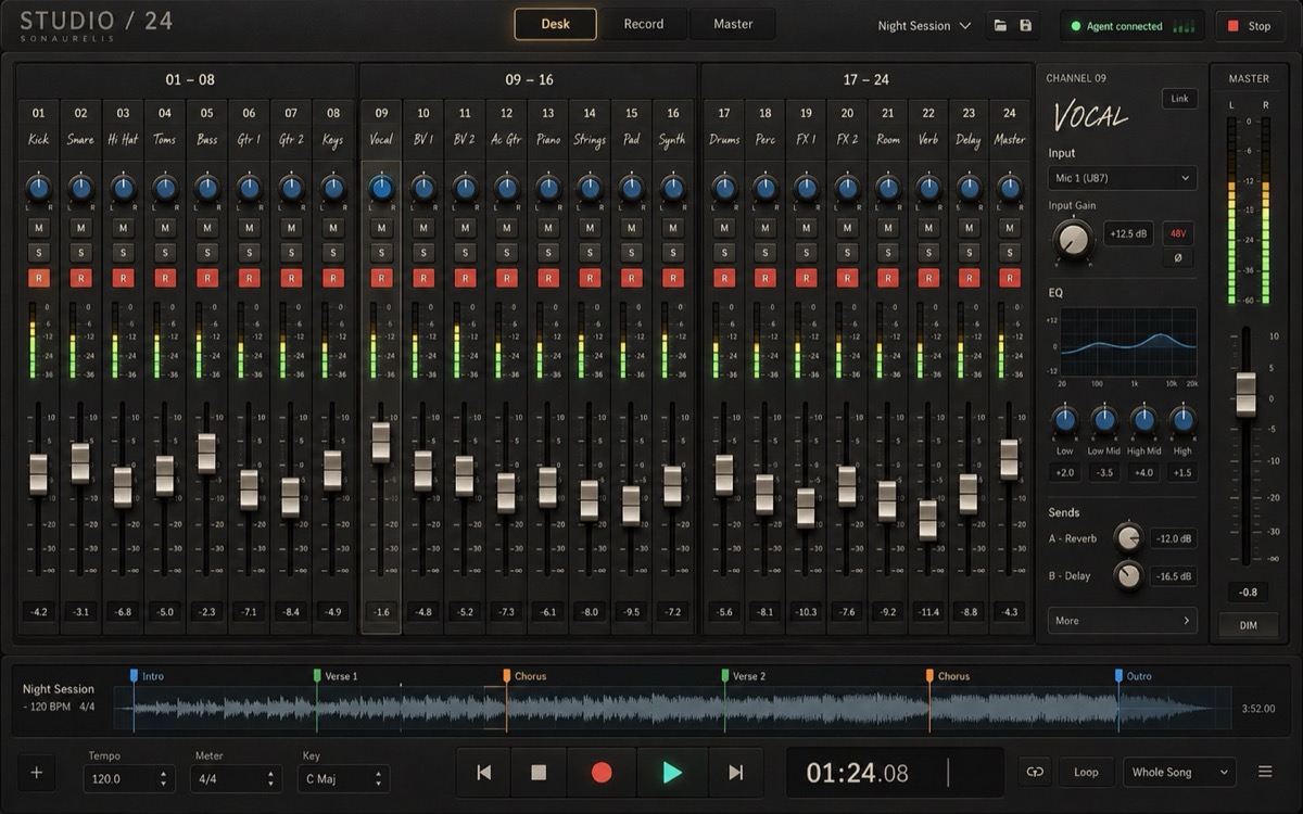 The Studio 48 mixing desk, with channel strips, faders and VU meters