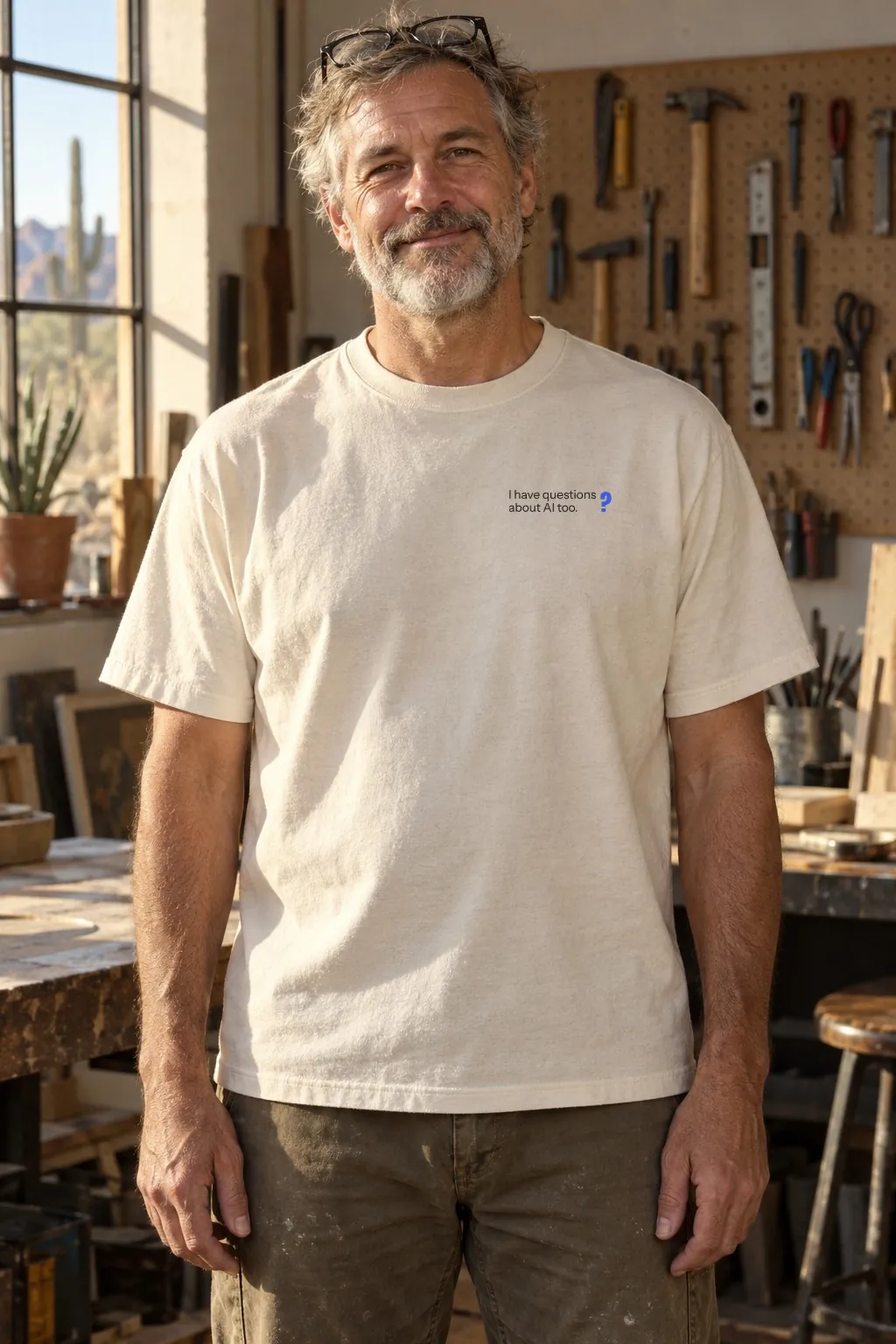 A smiling man with a silver beard in a workshop, wearing the natural tee with a small left chest print.