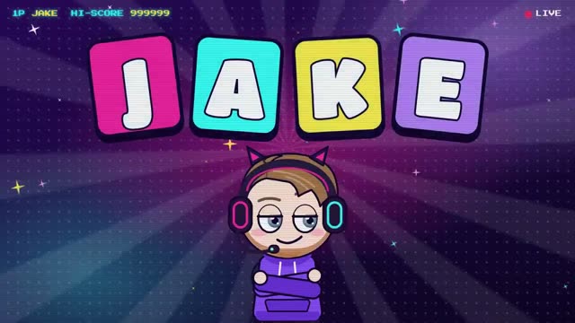 Jake's name in big colored letter blocks, from his video